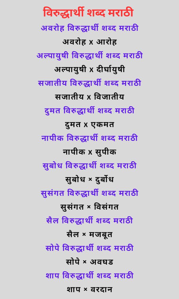 विरुद्धार्थी शब्द मराठी । Opposite Words In Marathi